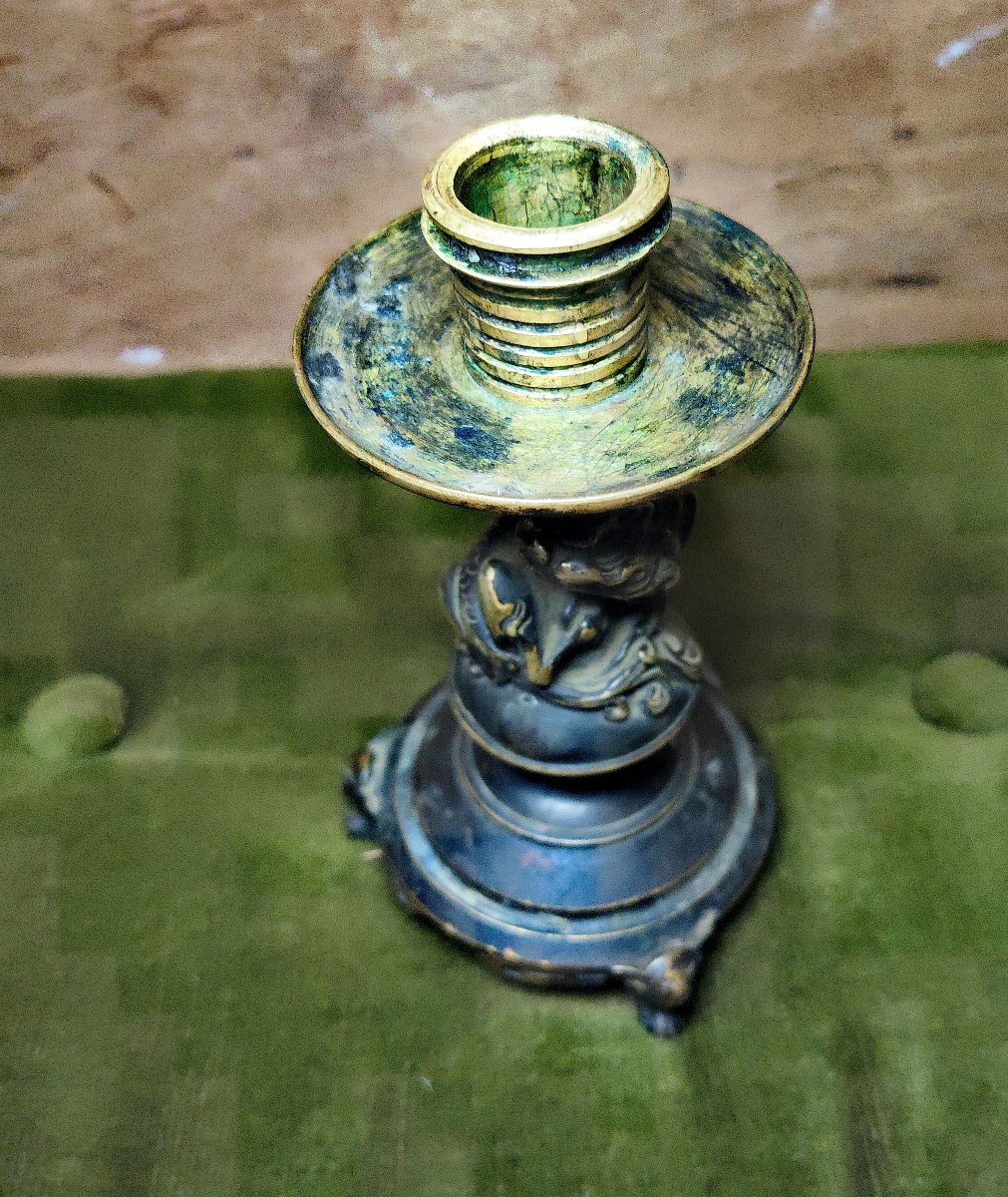 Great French Bronze Candleholder, Dark Patina, Coiled Kirin Design, Japanese Inspiring -photo-2