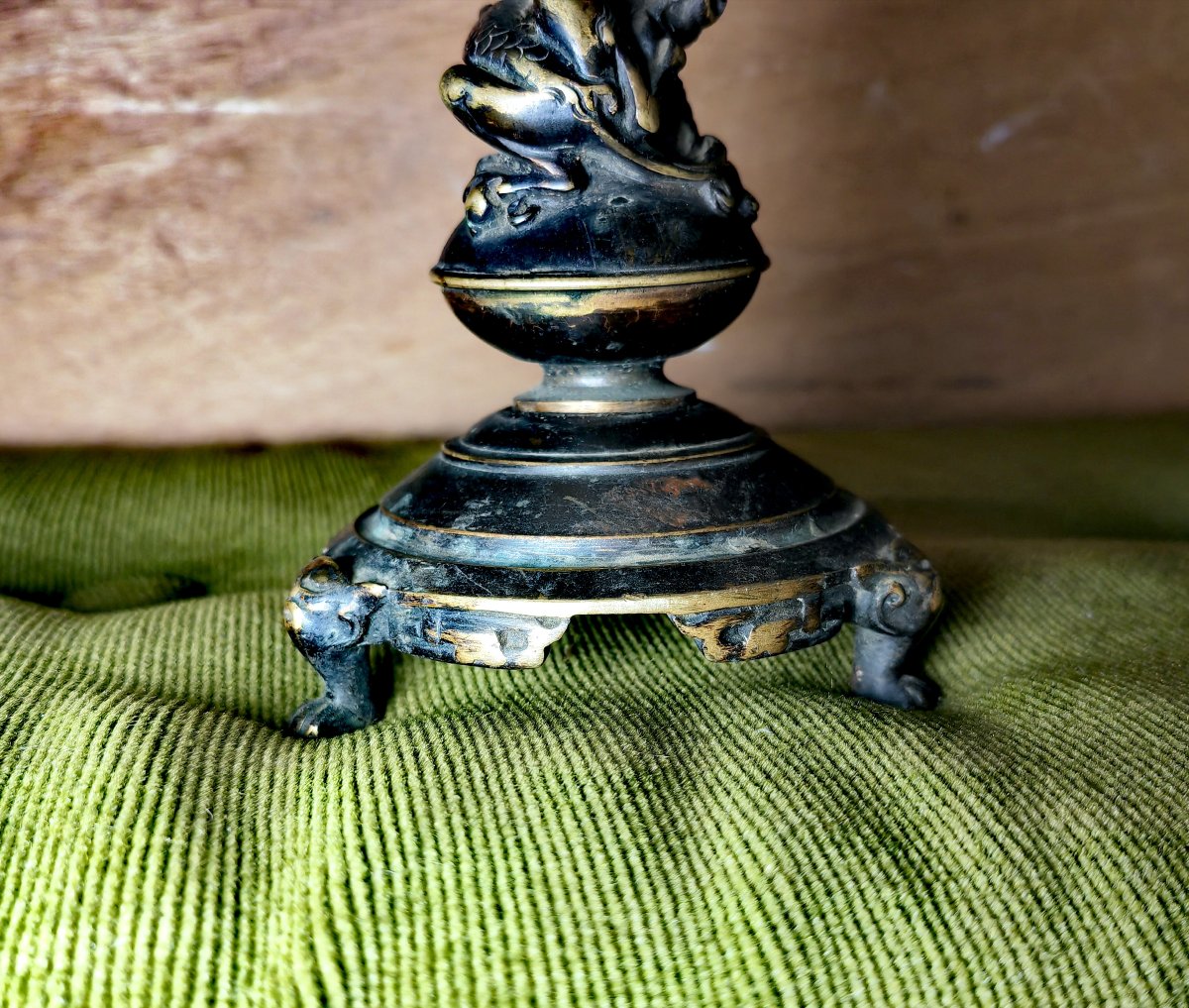 Great French Bronze Candleholder, Dark Patina, Coiled Kirin Design, Japanese Inspiring -photo-3