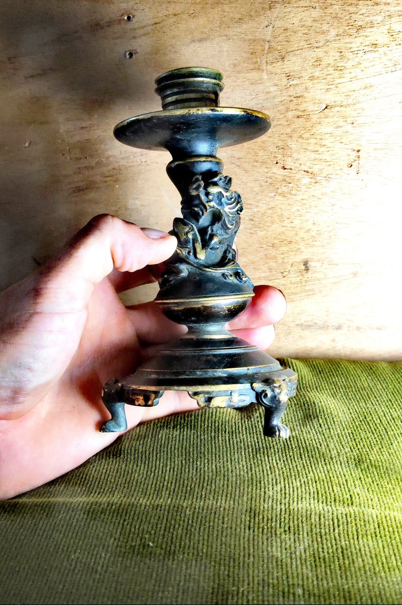 Great French Bronze Candleholder, Dark Patina, Coiled Kirin Design, Japanese Inspiring -photo-5