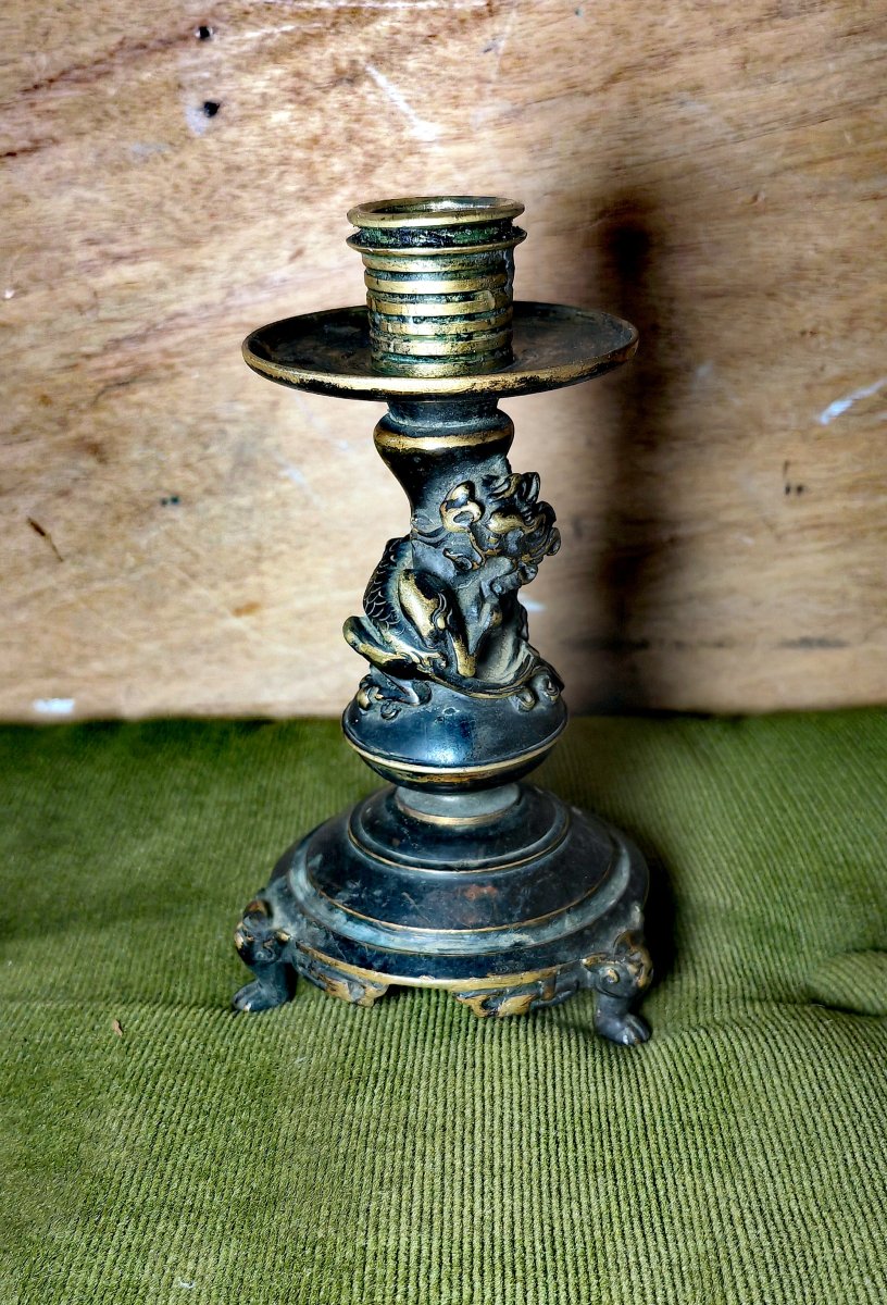 Great French Bronze Candleholder, Dark Patina, Coiled Kirin Design, Japanese Inspiring 