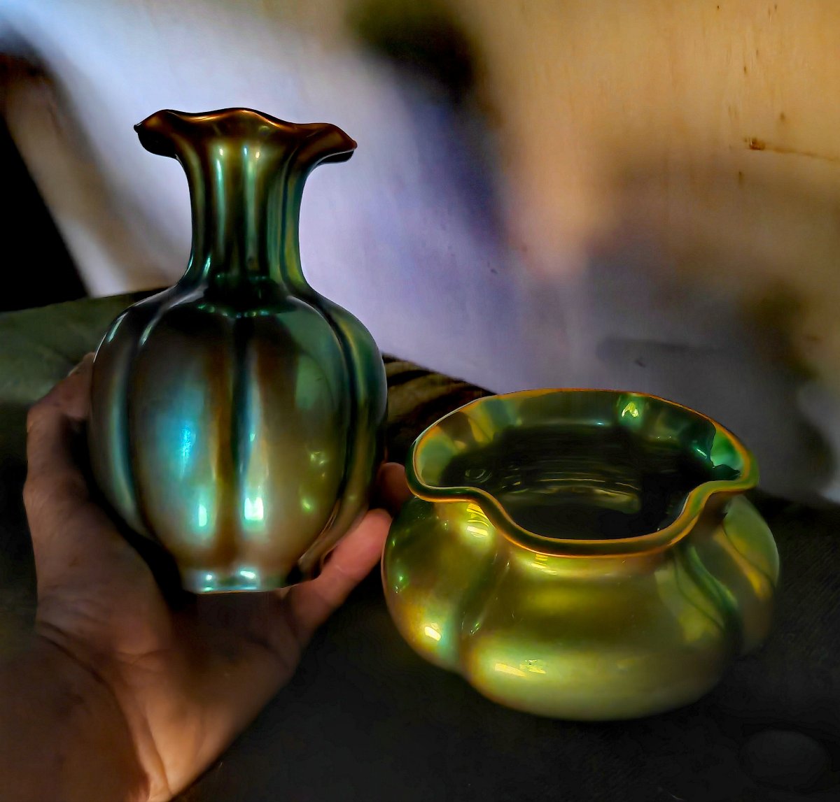 Beautiful Set Of 2 Eosin Ceramic Vases, Art Nouveau, Zsolnay, Hungary, 1950s-photo-5