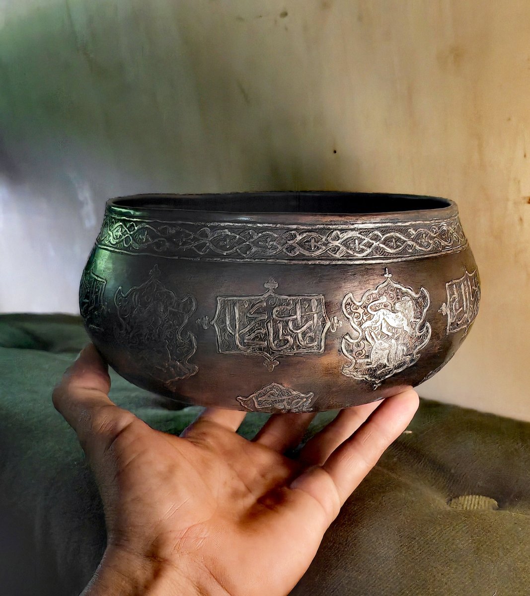 High-quality Bowl-shaped Vessel, Copper &silver Inlays, Animals, Inscriptions, Iran 19thc-photo-7