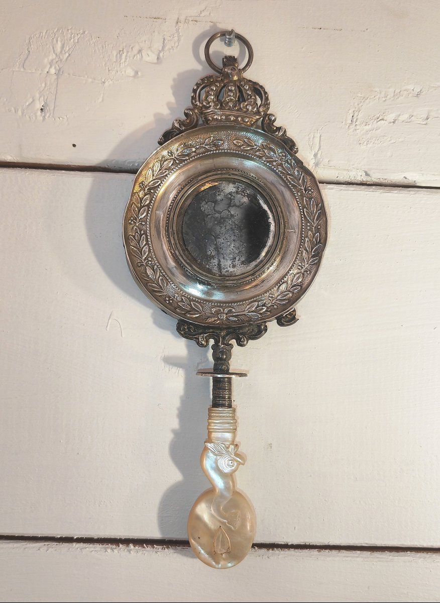 Rare Cradle Rattle, Palais Royal, Dolphin & Crown, Silver & Mother-of-pearl, 19thc -photo-2