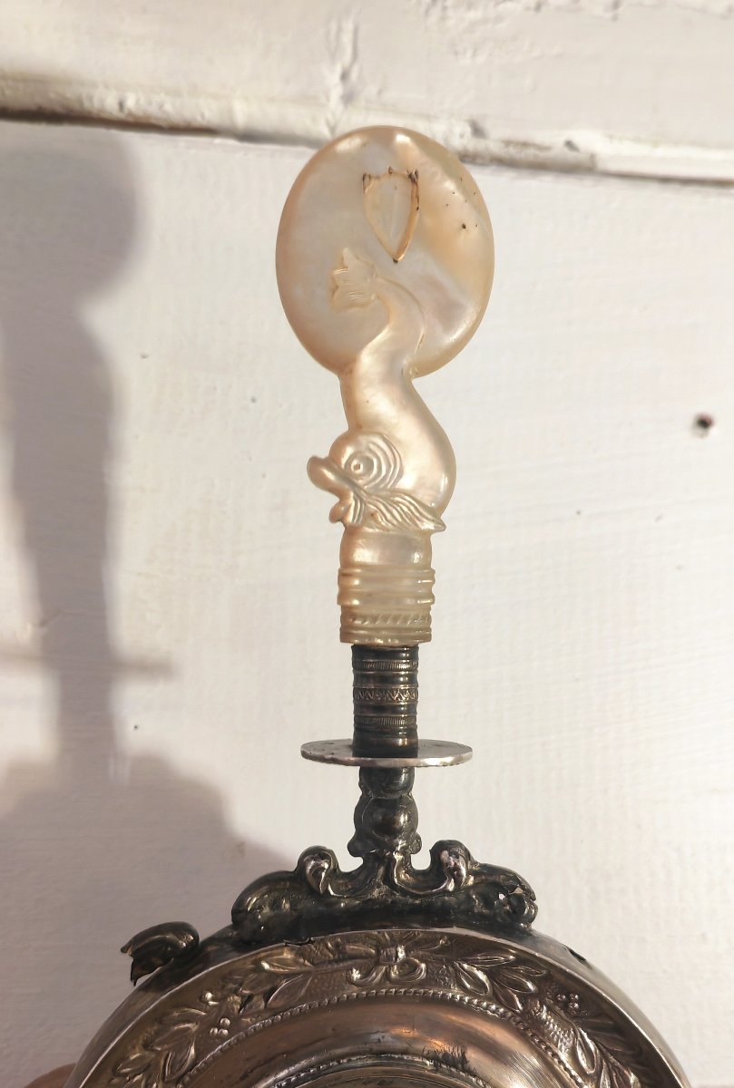 Rare Cradle Rattle, Palais Royal, Dolphin & Crown, Silver & Mother-of-pearl, 19thc -photo-1