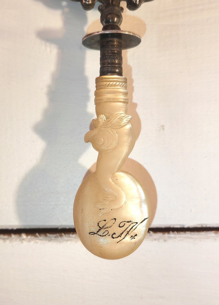 Rare Cradle Rattle, Palais Royal, Dolphin & Crown, Silver & Mother-of-pearl, 19thc -photo-2