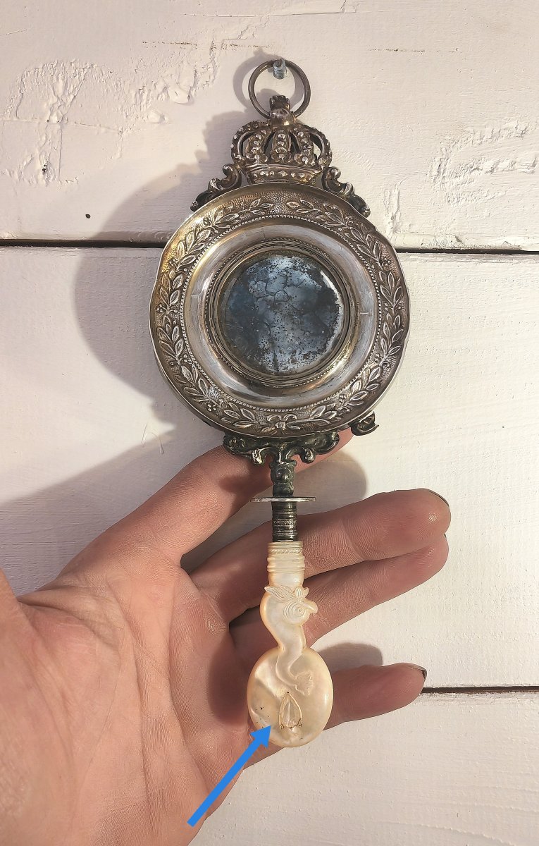 Rare Cradle Rattle, Palais Royal, Dolphin & Crown, Silver & Mother-of-pearl, 19thc -photo-7