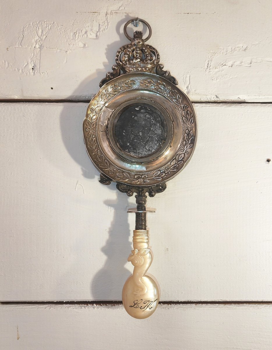 Rare Cradle Rattle, Palais Royal, Dolphin & Crown, Silver & Mother-of-pearl, 19thc 