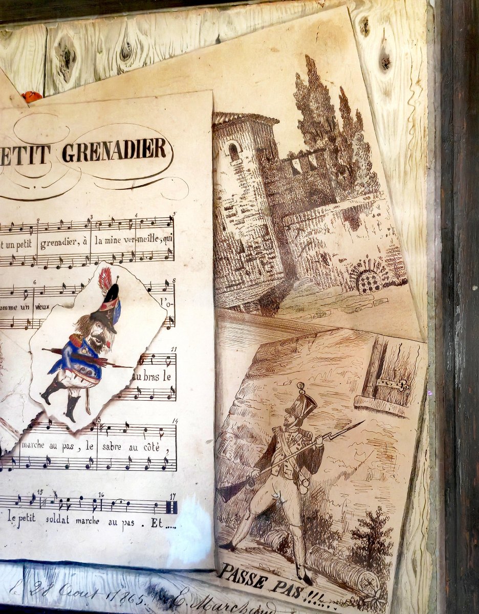 Beautiful Multi Trompe-l'œil Pen-and-ink Drawing, August 28 1865 France, Napoleon III, Framed -photo-3
