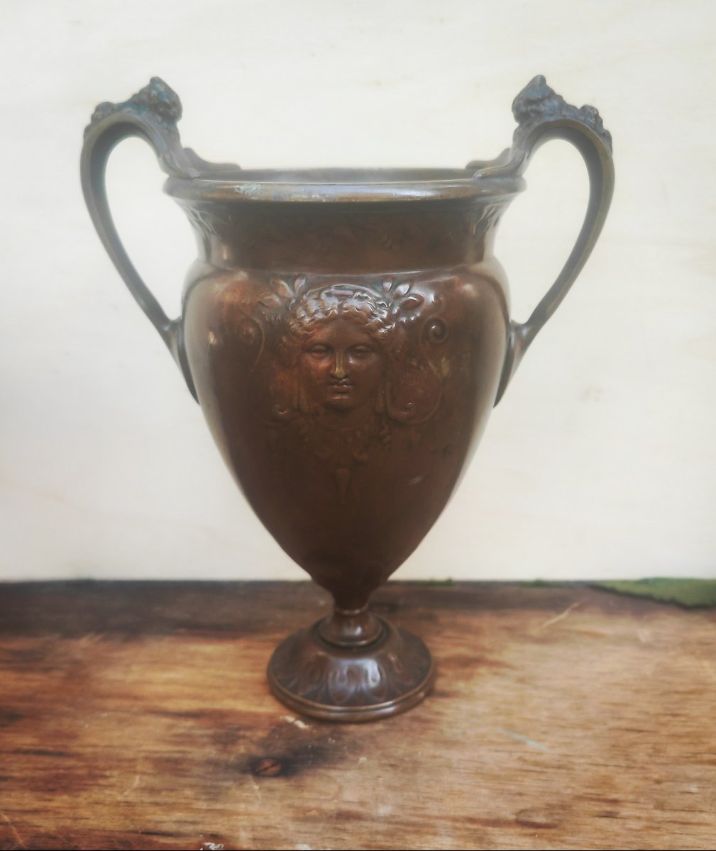 Great Pair Of Vases,  Red-brown Patina, Female Masks & Bearded Masks, Art Nouveau Period-photo-2