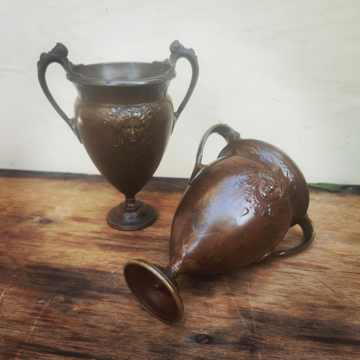 Great Pair Of Vases,  Red-brown Patina, Female Masks & Bearded Masks, Art Nouveau Period-photo-8