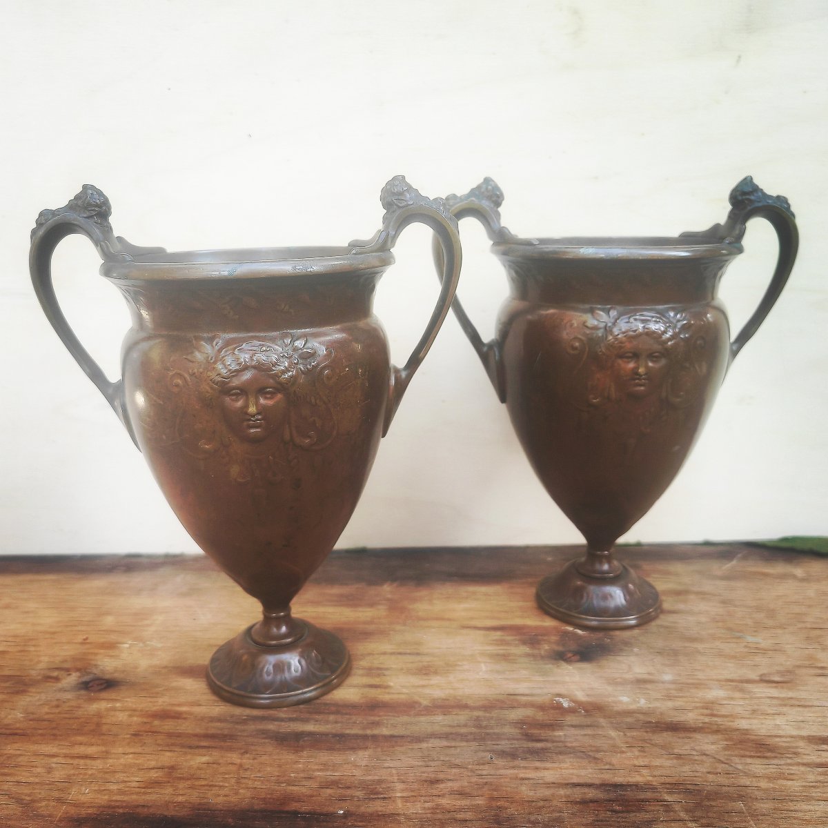 Great Pair Of Vases,  Red-brown Patina, Female Masks & Bearded Masks, Art Nouveau Period