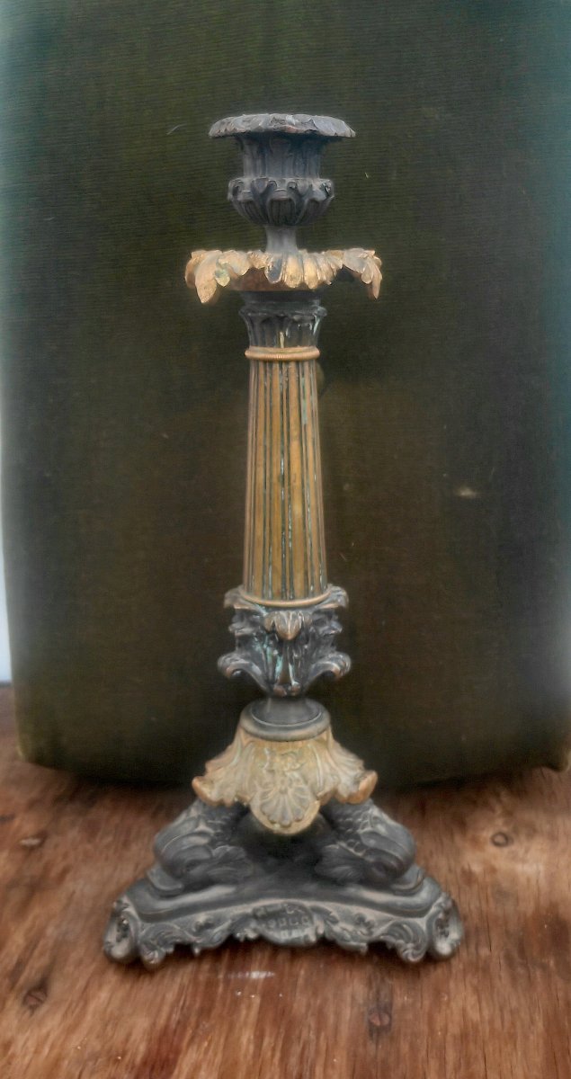 Great Bronze Candleholder, Two Patinas, Dolphins & Shells, France, Restoration Period 
