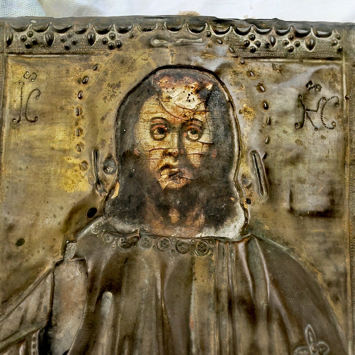 Antique Orthodox Icon, Christ Pantocrator, Embossed Brass, Russia Or Greece, 19th Century N -photo-2