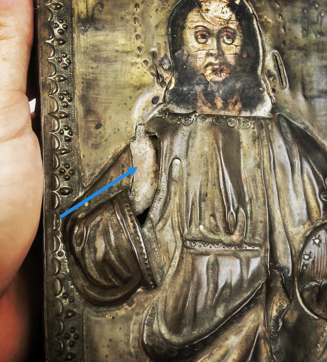 Antique Orthodox Icon, Christ Pantocrator, Embossed Brass, Russia Or Greece, 19th Century N -photo-7