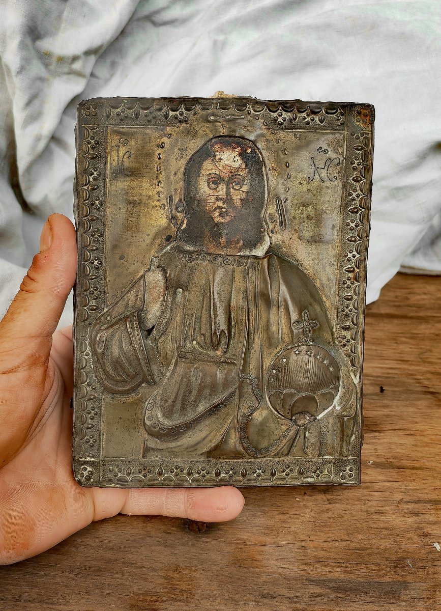 Antique Orthodox Icon, Christ Pantocrator, Embossed Brass, Russia Or Greece, 19th Century N -photo-8