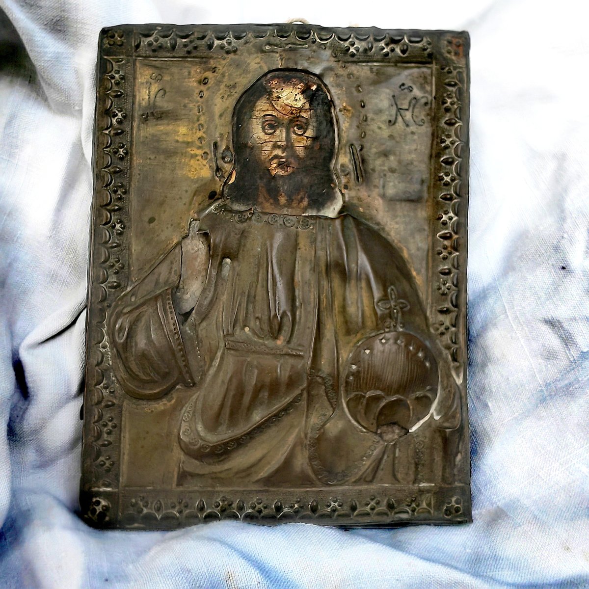 Antique Orthodox Icon, Christ Pantocrator, Embossed Brass, Russia Or Greece, 19th Century N 