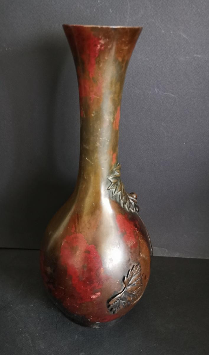 Japanese Multi Patinas Bronze Vase, Vine Grappe Trompe l'Oeil, 19thc-photo-3