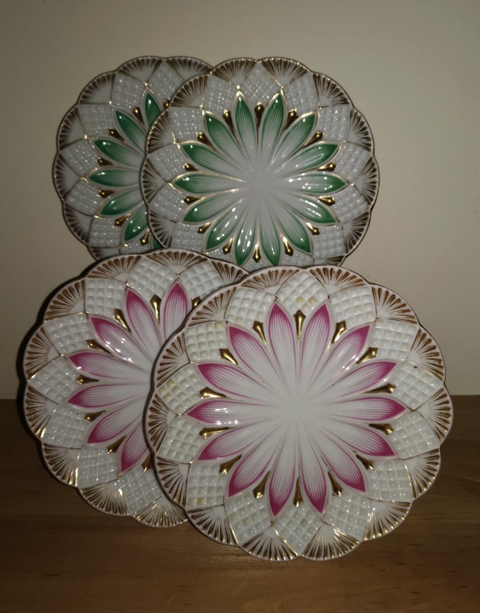 4 Assiettes Porcelaine Emaillée, Eventails Et Fleurs, XIXe Siècle-photo-2