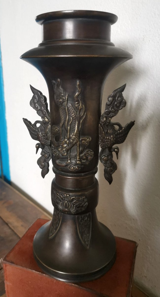 Etonnant Vase En Bronze Japonais, Quilin Et Grues Dans Les Nuages, Meiji XIXe Siècle