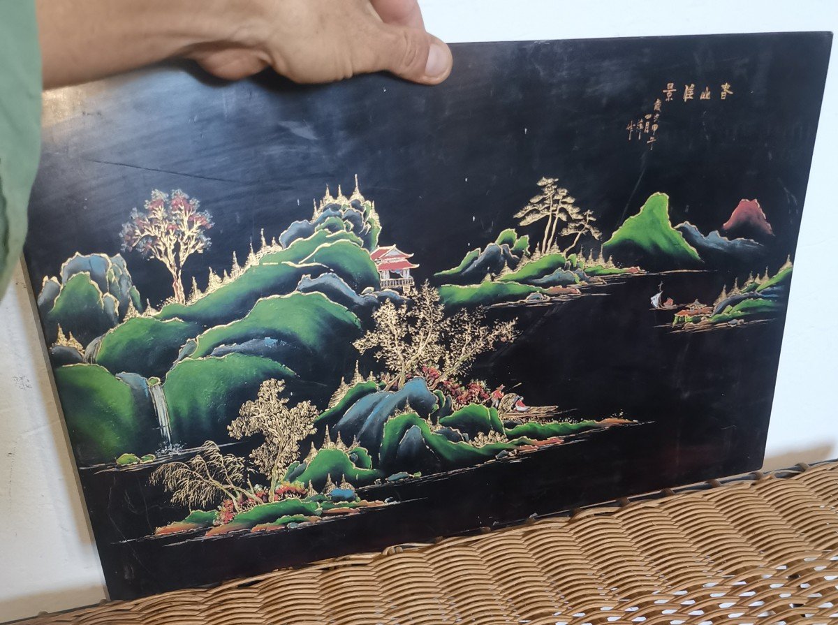 Vietnamese Lacquer Pannel, Lacustrian Landscape & Mountains 20thc-photo-2