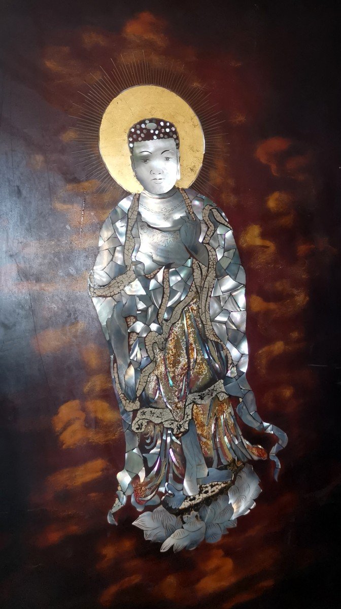 Vietnam Lacquer Pannel, Religious Figure, Mother Of Pearl, Egg Shell & Lacquer Inlay 20thc-photo-2