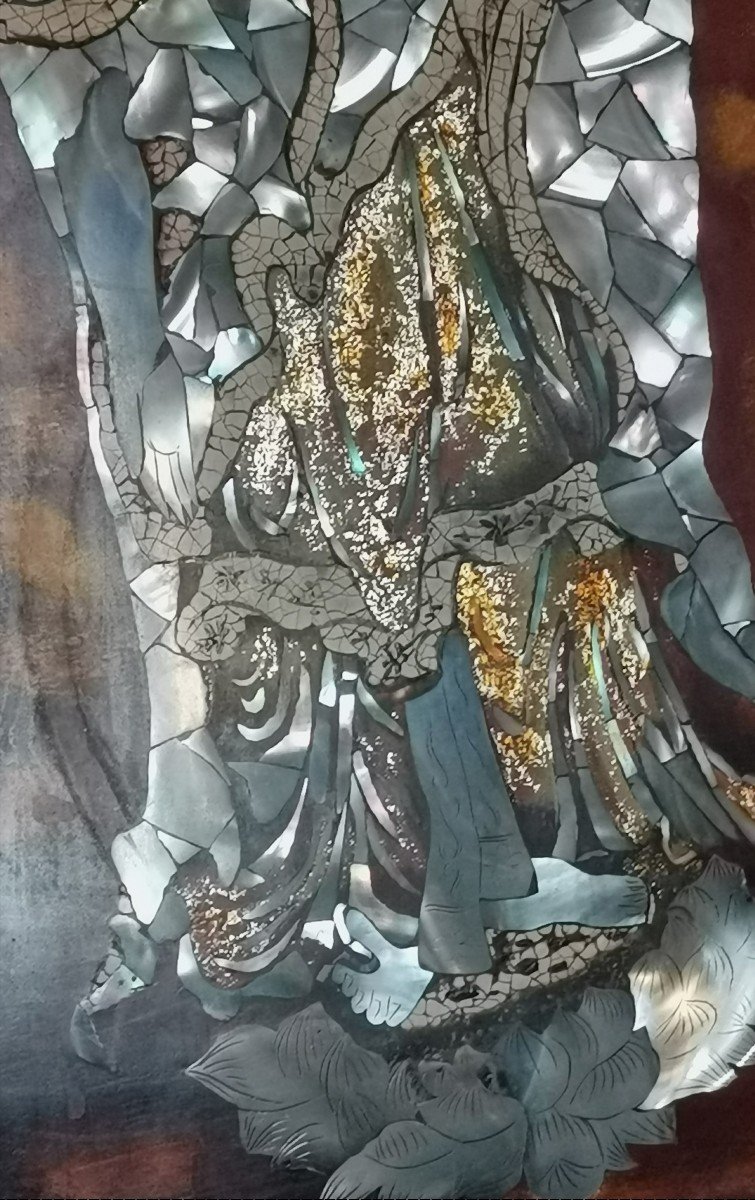 Vietnam Lacquer Pannel, Religious Figure, Mother Of Pearl, Egg Shell & Lacquer Inlay 20thc-photo-4