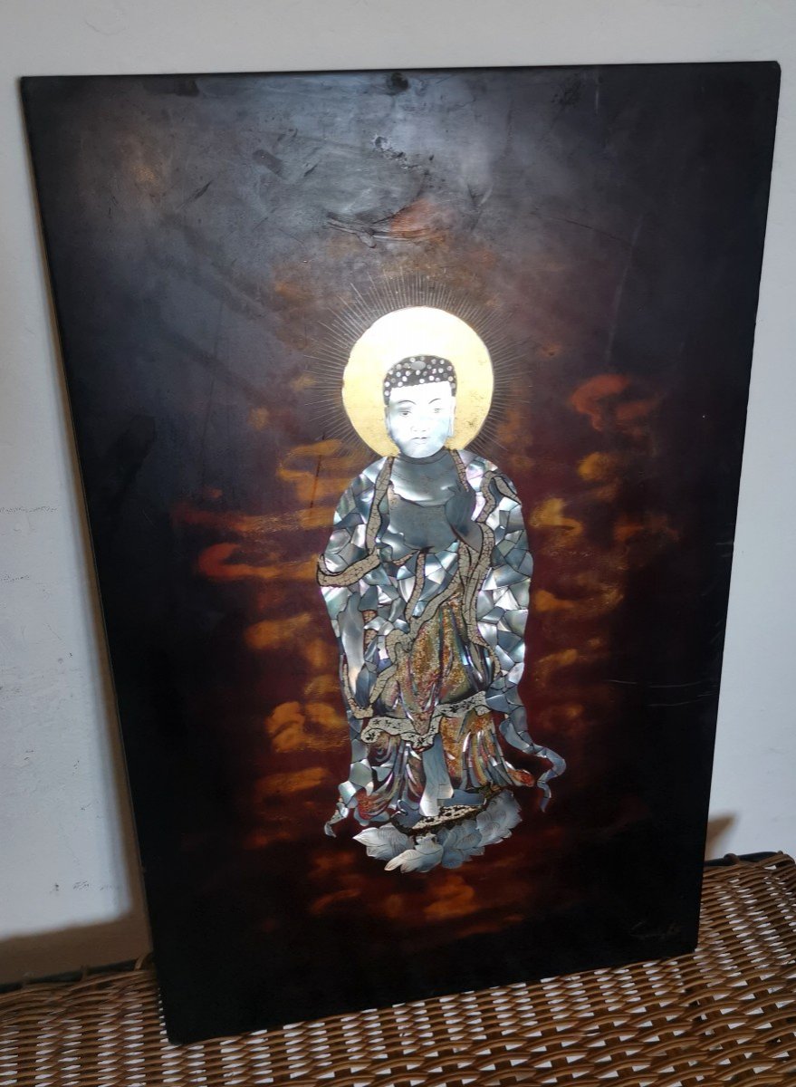 Vietnam Lacquer Pannel, Religious Figure, Mother Of Pearl, Egg Shell & Lacquer Inlay 20thc