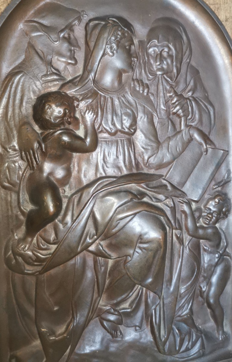 Grande Plaque en Bronze, Sainte Famille, F.barbedienne Circa 1850-photo-2
