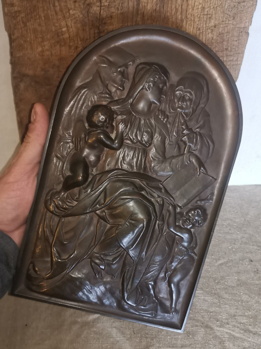 Grande Plaque en Bronze, Sainte Famille, F.barbedienne Circa 1850-photo-3