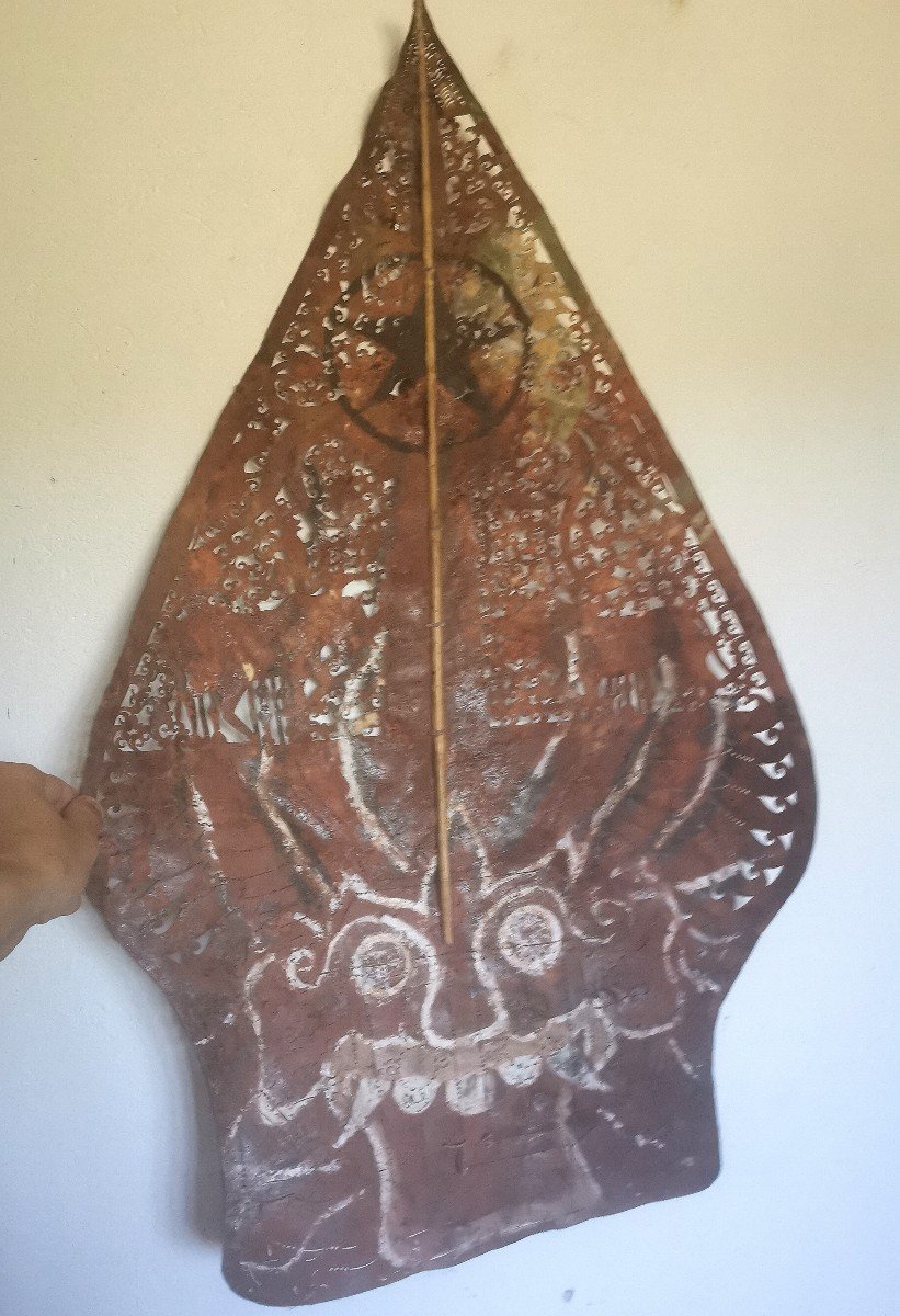 Important Wayang Puppet Decor, Painted Leather, Indonesia, Bali 19th Century-photo-6