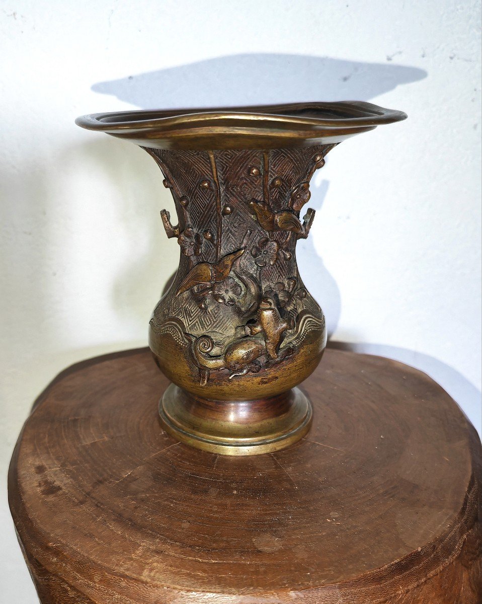 Vase En Bronze, Chine XIXe Siècle, Forme Zun, Prunus, Oiseau Et Chien De Fô-photo-2