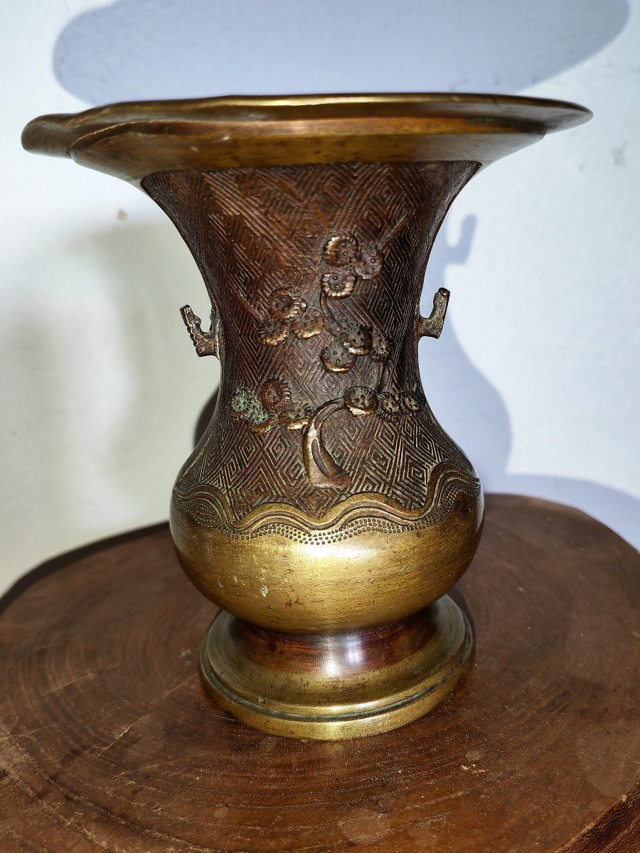 Vase En Bronze, Chine XIXe Siècle, Forme Zun, Prunus, Oiseau Et Chien De Fô-photo-4