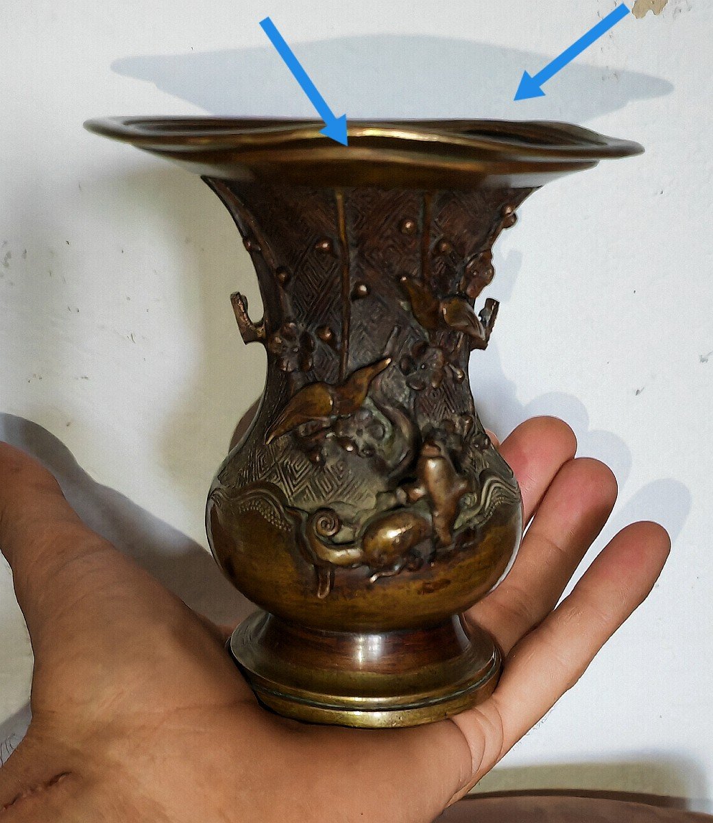 Vase En Bronze, Chine XIXe Siècle, Forme Zun, Prunus, Oiseau Et Chien De Fô-photo-3