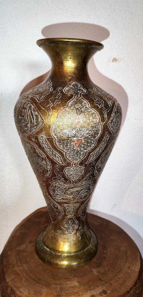 Beau Grand Vase, Moyen Orient, Applications Argent Et Cuivre, Circa 1900-photo-3