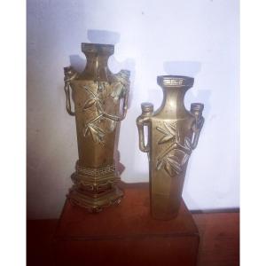 Paire De Vases En Bronze Massif + Un Socle , Décor Bambou, Vietnam XIXe Siècle 