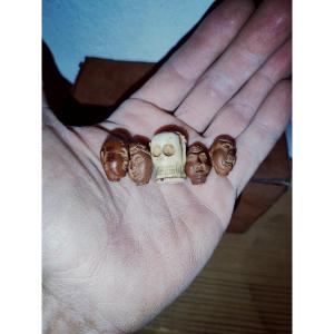 5 Rosary Beads, 1 Memento Mori 18th Century Bone, 4 Carved Walnuts Nineteenth Chinese Characters