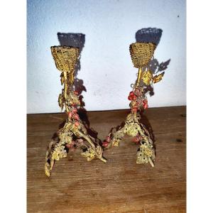 Lovely Pair Of Candlesticks, Golden Brass & Glass Beads, Wine Grappes Art Nouveau Circa 1900