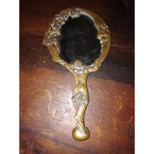 Pretty Hand Mirror, Pierrot & The Moon, Bronze & Brass, Art Nouveau Period Circa 1890