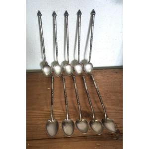 10 Tall Spoons, In Chiseled Silver, Title 900, Burma 20th 