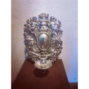 Beau Bougeoir d'Applique Ou Réflecteur, Bronze Argenté, Amours, XIXe Siècle Ou Avant 