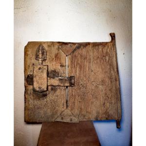 Jolie Porte de Grenier à Grains, Bois et Fer, Mali Dogon, Début XXe siècle, Belle Patine