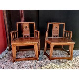 Belle Paire de Fauteuils Hexagonaux en Bois de Hongmu, Décor Lingzhi Ajouré, Chine XiXe 