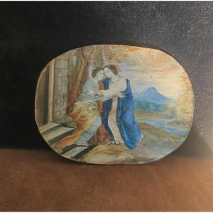 Belle Œuvre Miniature, Dessin rehaussé dur Vélin, Scène de la Visitation, Circa 1700 ou avant 