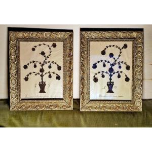 Paire de Tableaux, Composition en Cheveux, Décor Floral,  XiXe siècle 