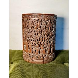 Important Pot à Pinceaux, Bitong, Bambou Sculpté, Haut Relief, Canton Chine XiXe siècle