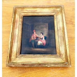 Pretty Painting, Wooden Panel & Gilt Wood Stucco, Love Scenery & Cat Late 18th C.