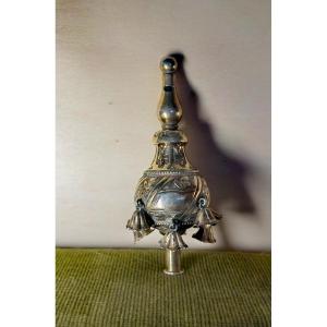Pretty Silver & Vermeil Rattle Whistle, Floral Decor & Bells, Europe XIXth Century
