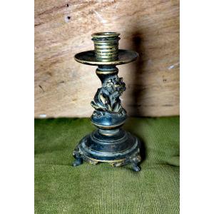 Great French Bronze Candleholder, Dark Patina, Coiled Kirin Design, Japanese Inspiring 