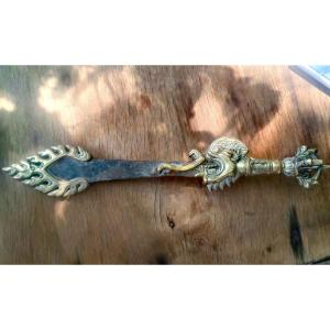 Beautiful Flaming Khadga Iron & Bronze, Ritual Sword Of Manjushri Buddha, Tibet, Late 19th C