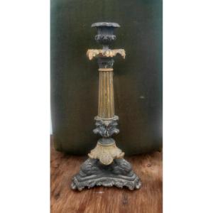 Great Bronze Candleholder, Two Patinas, Dolphins & Shells, France, Restoration Period